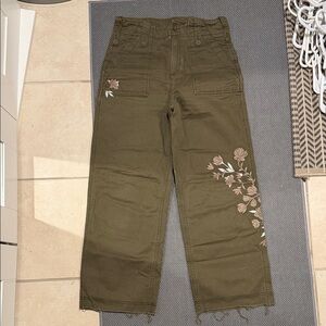Free People Olive Green Embroidered Cropped Utility Pants